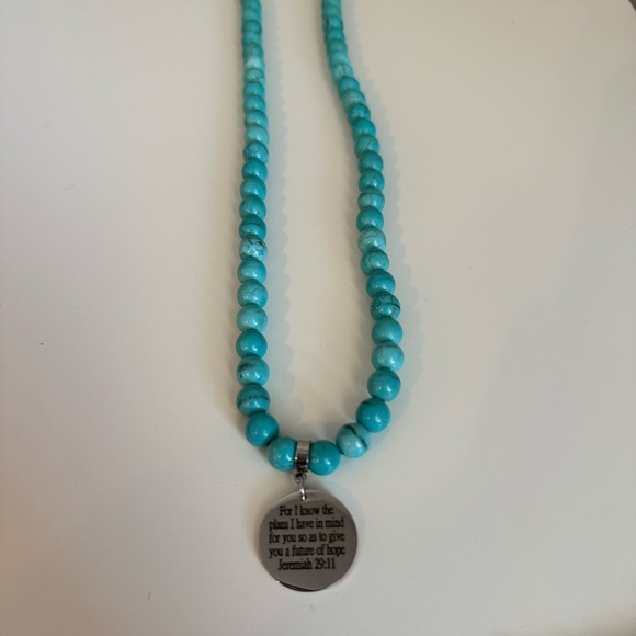 Turquoise Beaded Necklace with Inspirational Pendant - Picture 1 of 3